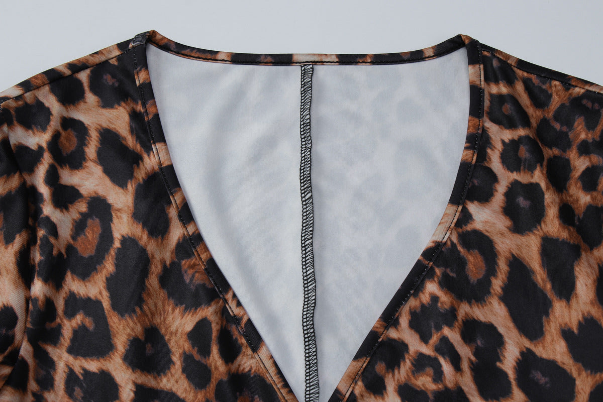 Women Clothing Autumn Winter Leopard Print V neck Long Sleeve Sexy Tight Jumpsuit Women
