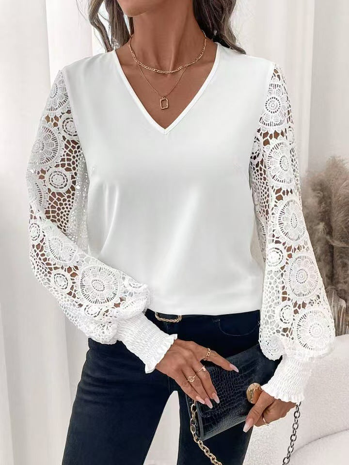 Solid Color Stitching Embroidery Long Sleeve V neck Spring Summer Elegant Graceful Women Top