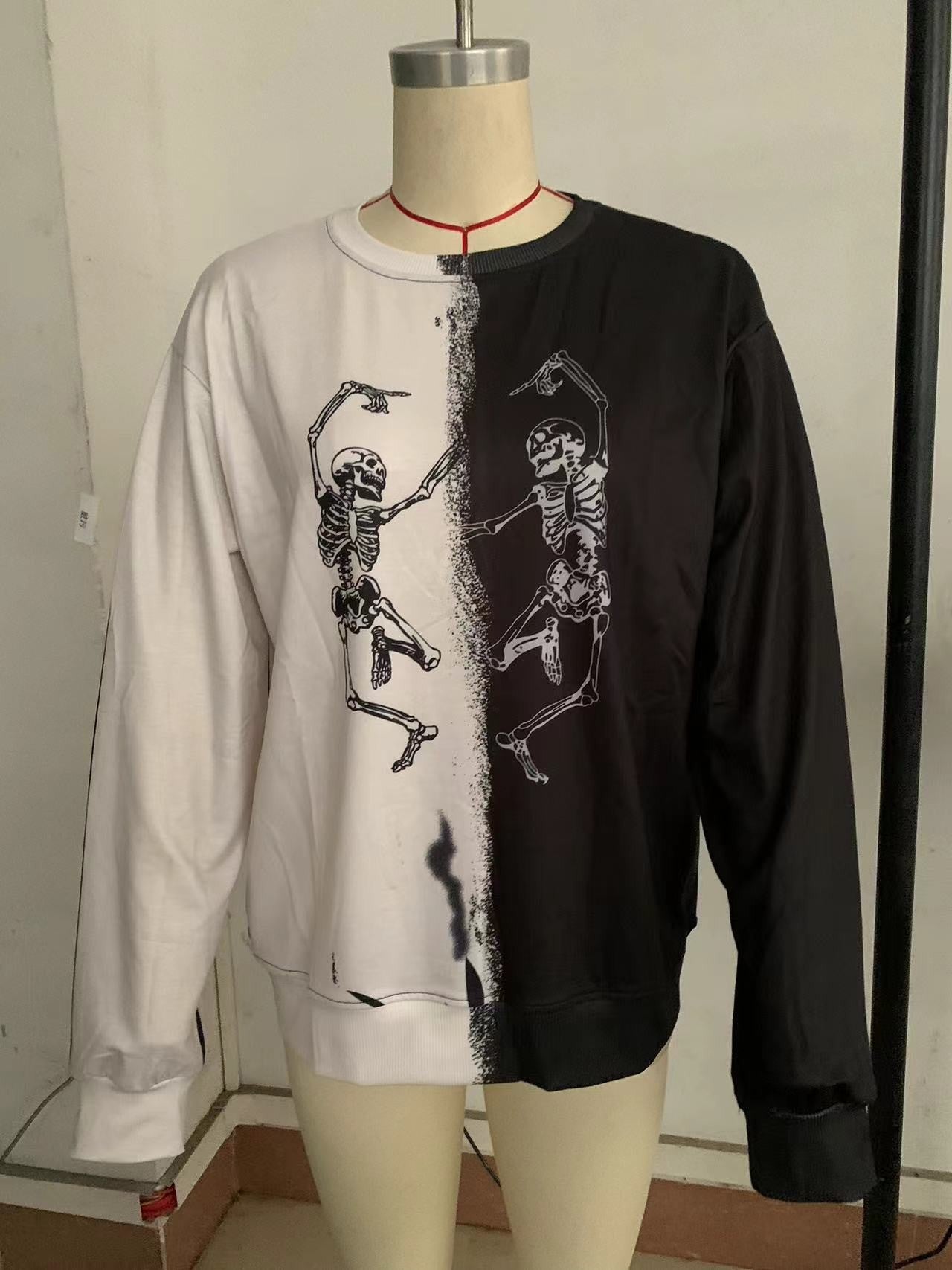 Fall Women Tops Skull Printing Color Contrast Personality Street Loose Sweater Women
