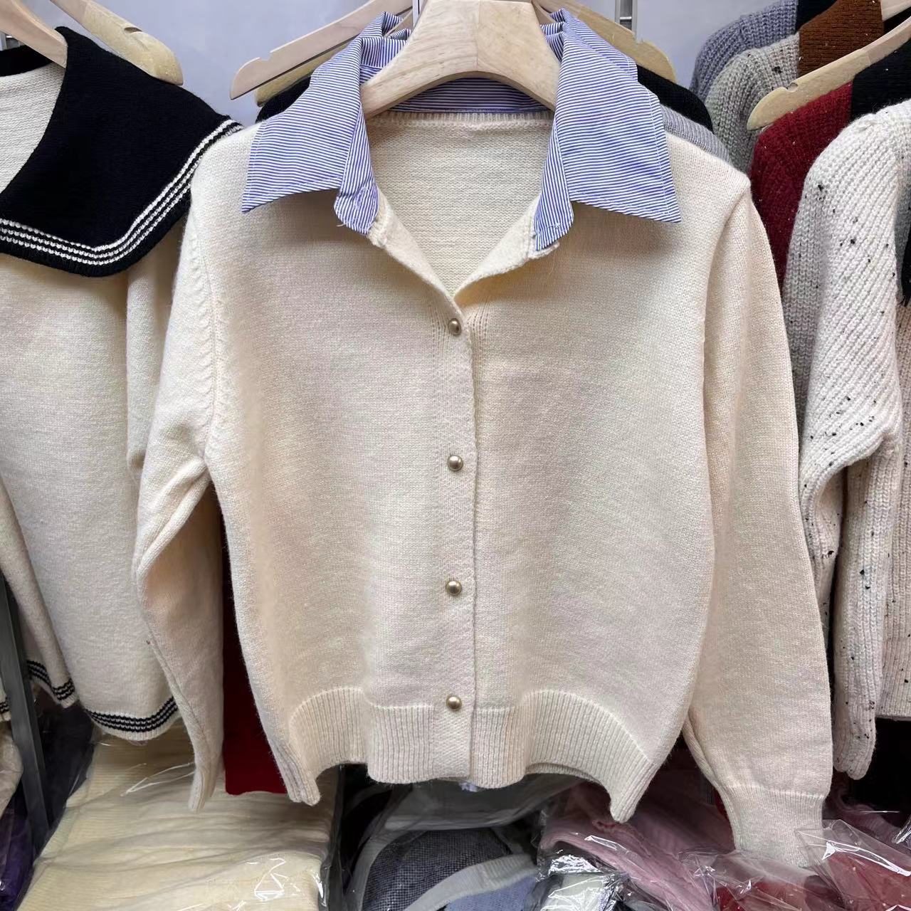 Spring Faux Two Piece Knitted Cardigan Sweater for Women Office Korean Shirt Collar Single Breasted Cardigan for Women