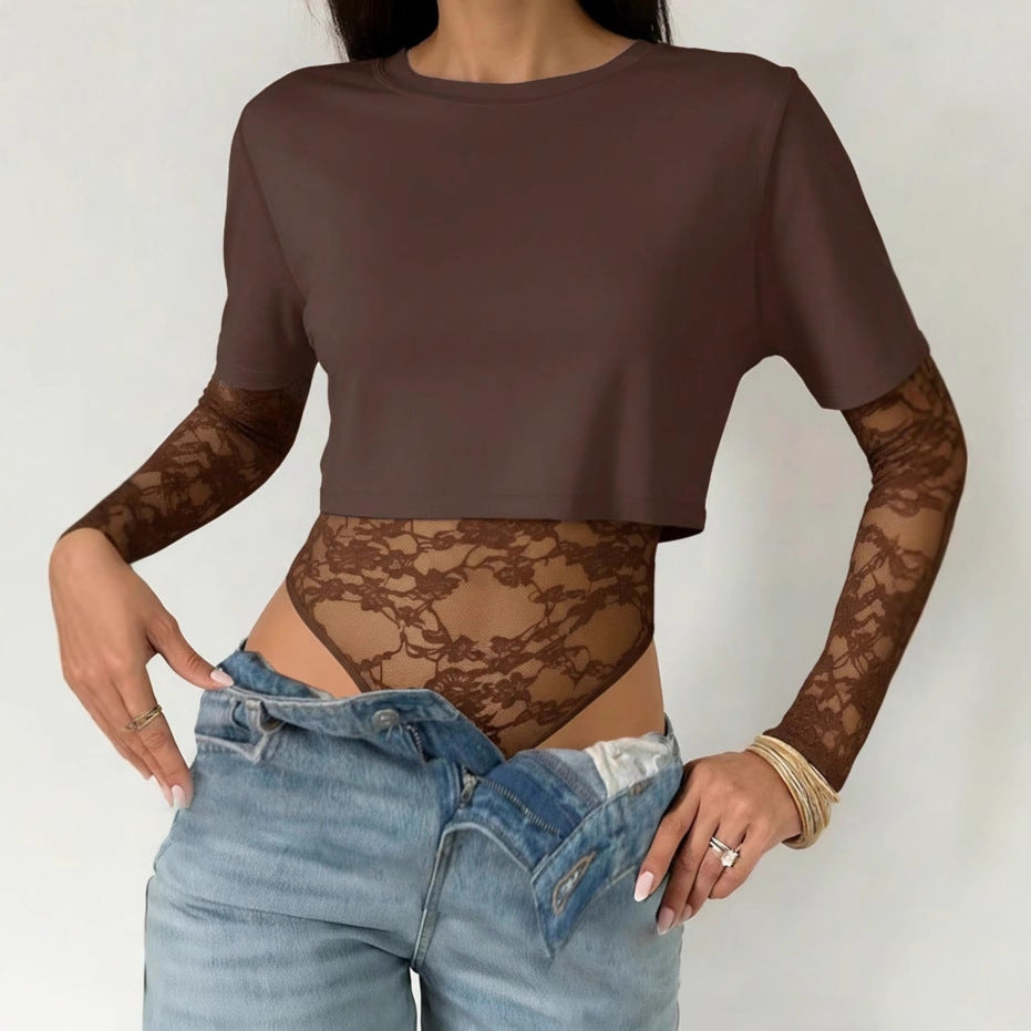 One Piece Solid Color Cropped Outfit Slim Lace Stitching Short Sleeve Top