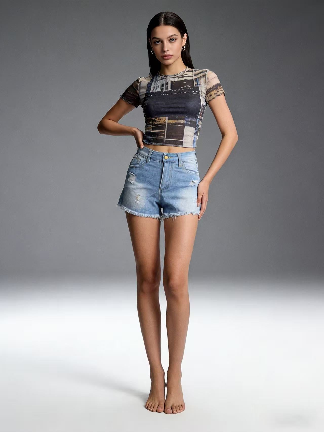 Women High Waist Slim Ripped Shorts