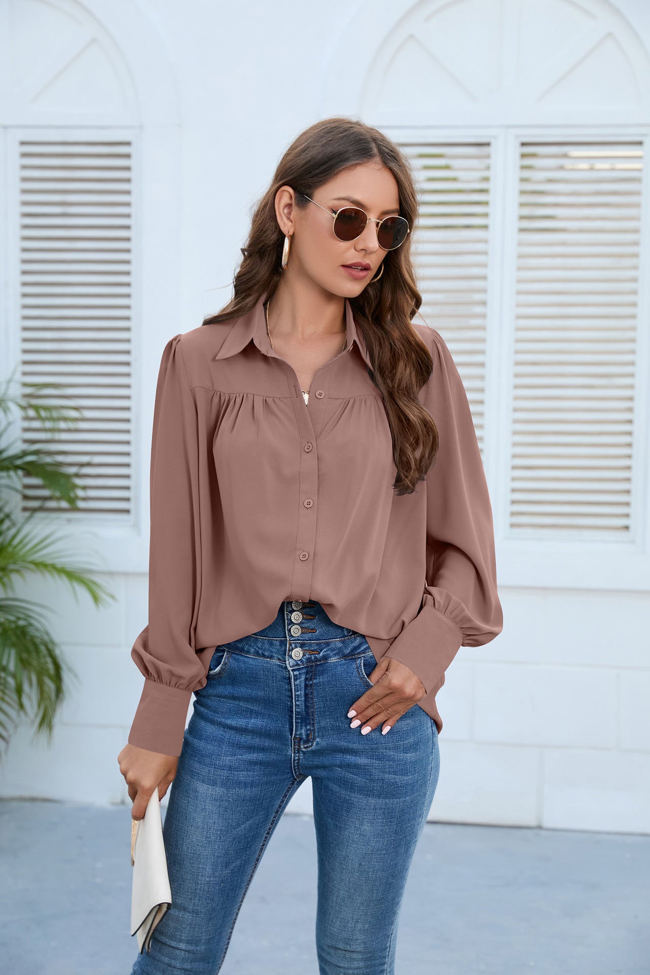 Women Clothing Spring Autumn Chiffon Shirt Women Shirt Pleated Long Sleeved Top Women