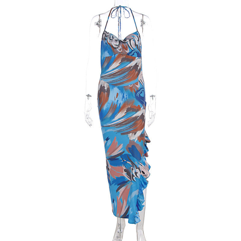 Summer Women Dress Sexy Halter Sleeveless Printed Dress