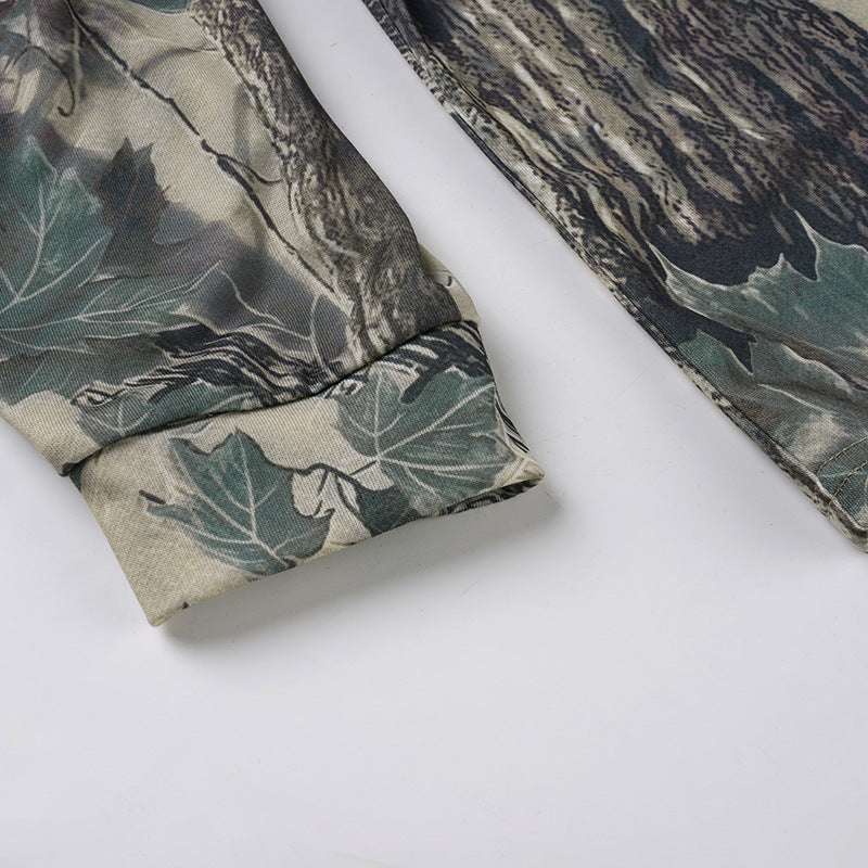 Retro Casual Camouflage Leaf Print Long Sleeve Crew Neck Sweater Spring Autumn Loose Long Sleeve Street Top