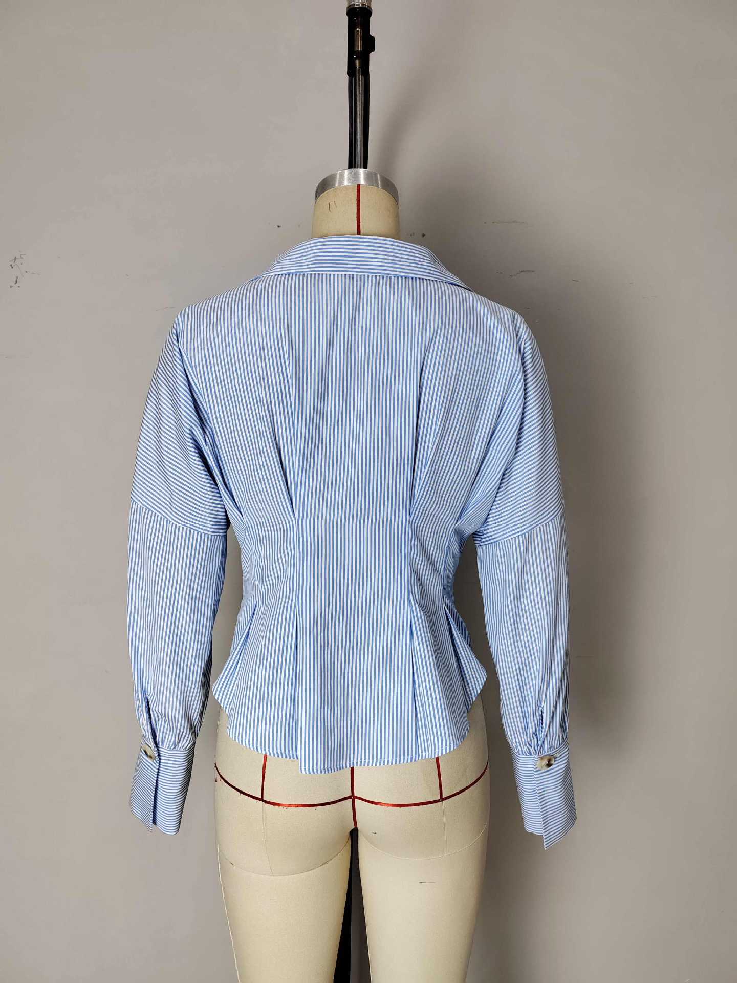 Elegant Shirt Elegant Collared Puff Sleeve Pleated Waist Tight All Match Striped Long Sleeved Top