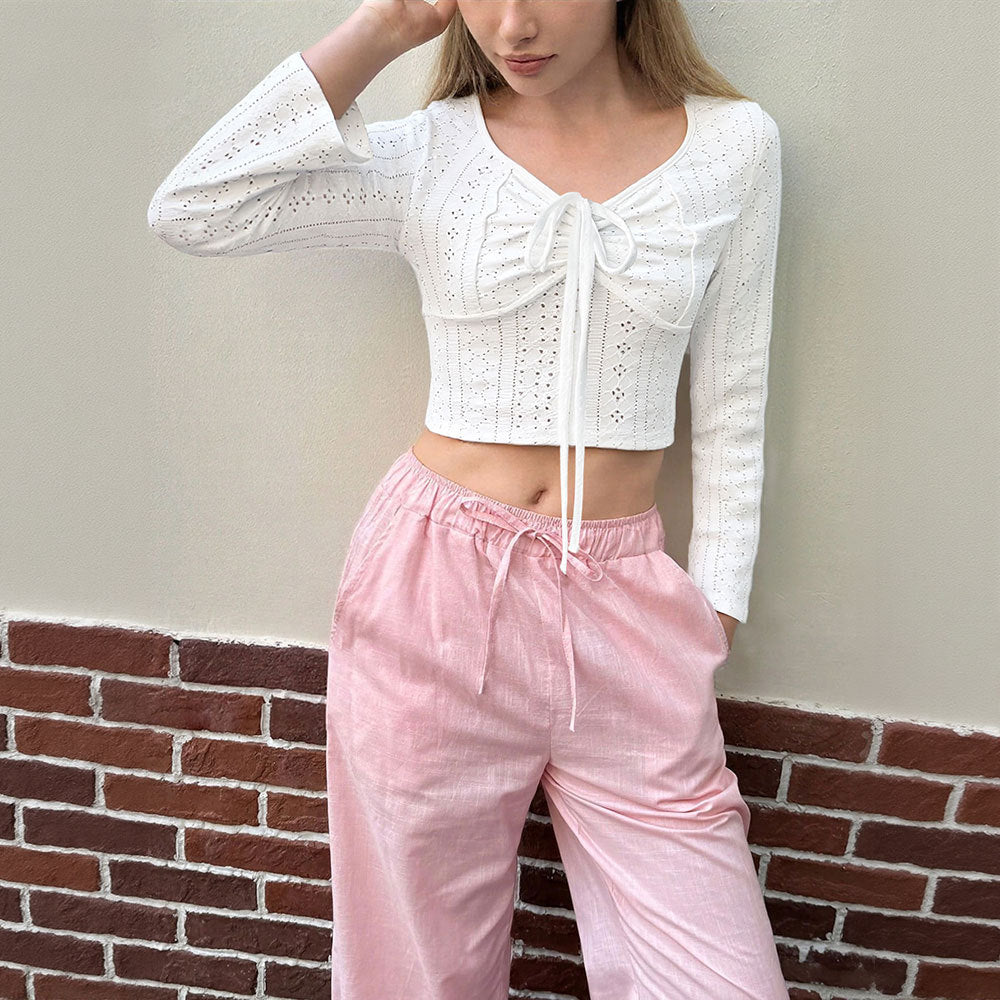 Long Sleeve Fall Women Clothing Unique Chic Hollow Out Cutout out Short Lace up Breathable Solid Color Top
