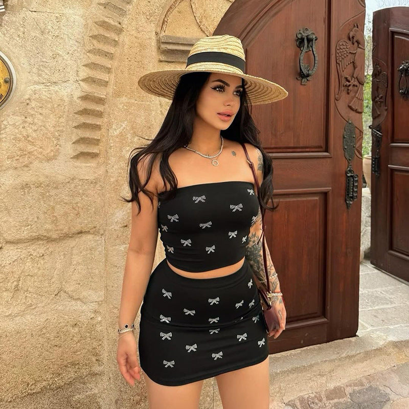 Sexy Sexy Bow Print Cropped Tube Top Short Vest Short Skirt Two Piece Suit