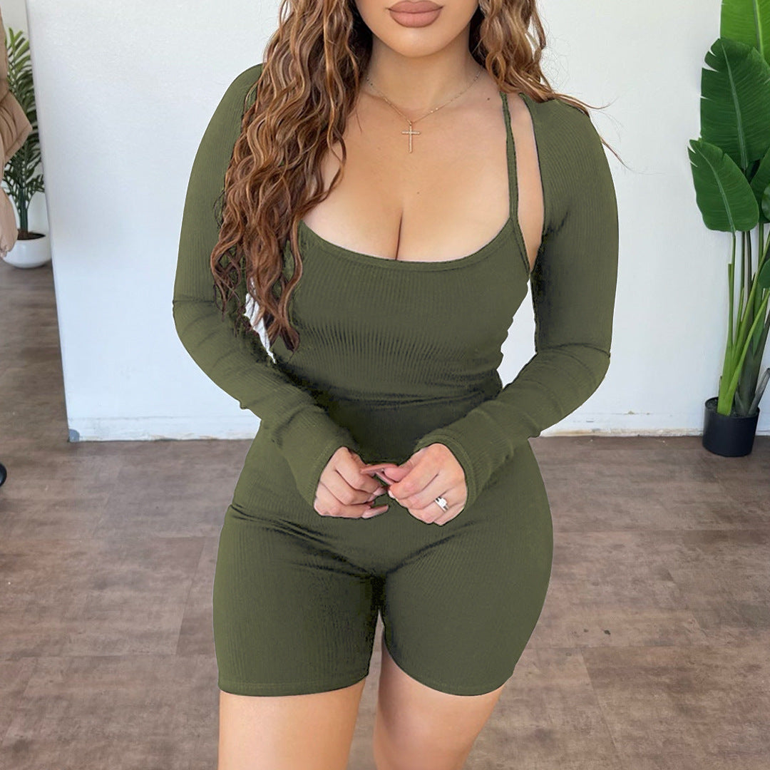 Women Clothing Goods Solid Color Rib Fabric Shawl Backless Lace up Jumpsuit Two Piece Set