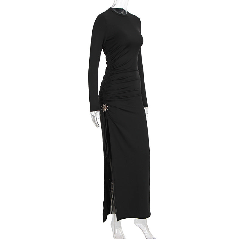Early Autumn Women Clothing Long Sleeve Dress Lace up Slimming Slit Metal Decorative Maxi Dress Women