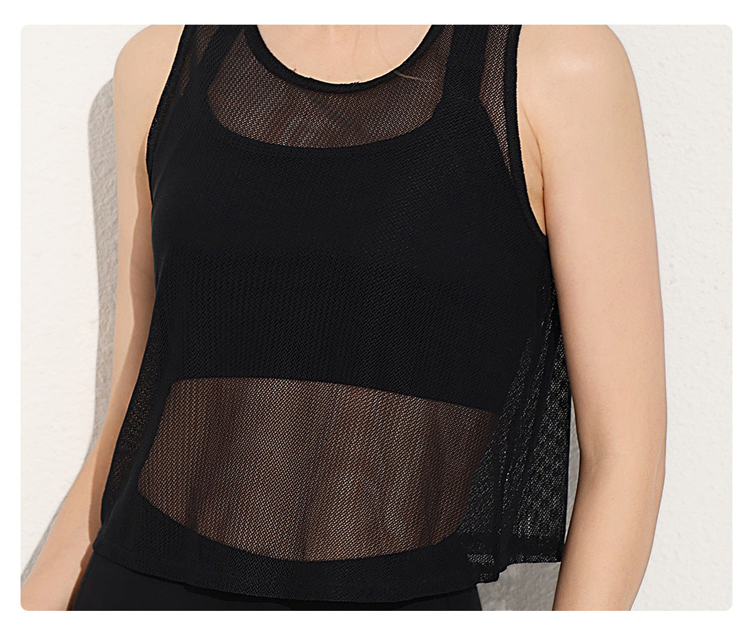 Summer Thin Mesh Yoga Clothing Top Blouse Women Sleeveless Vest Quick Drying Breathable Workout Top Bandage Dress
