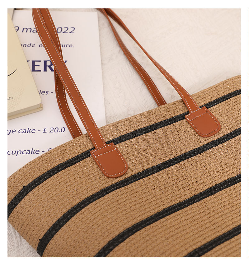 Striped Shoulder Straw Bag Woven Bag Summer Large Capacity Casual All Match Women Seaside Beach Rattan Woven Bag