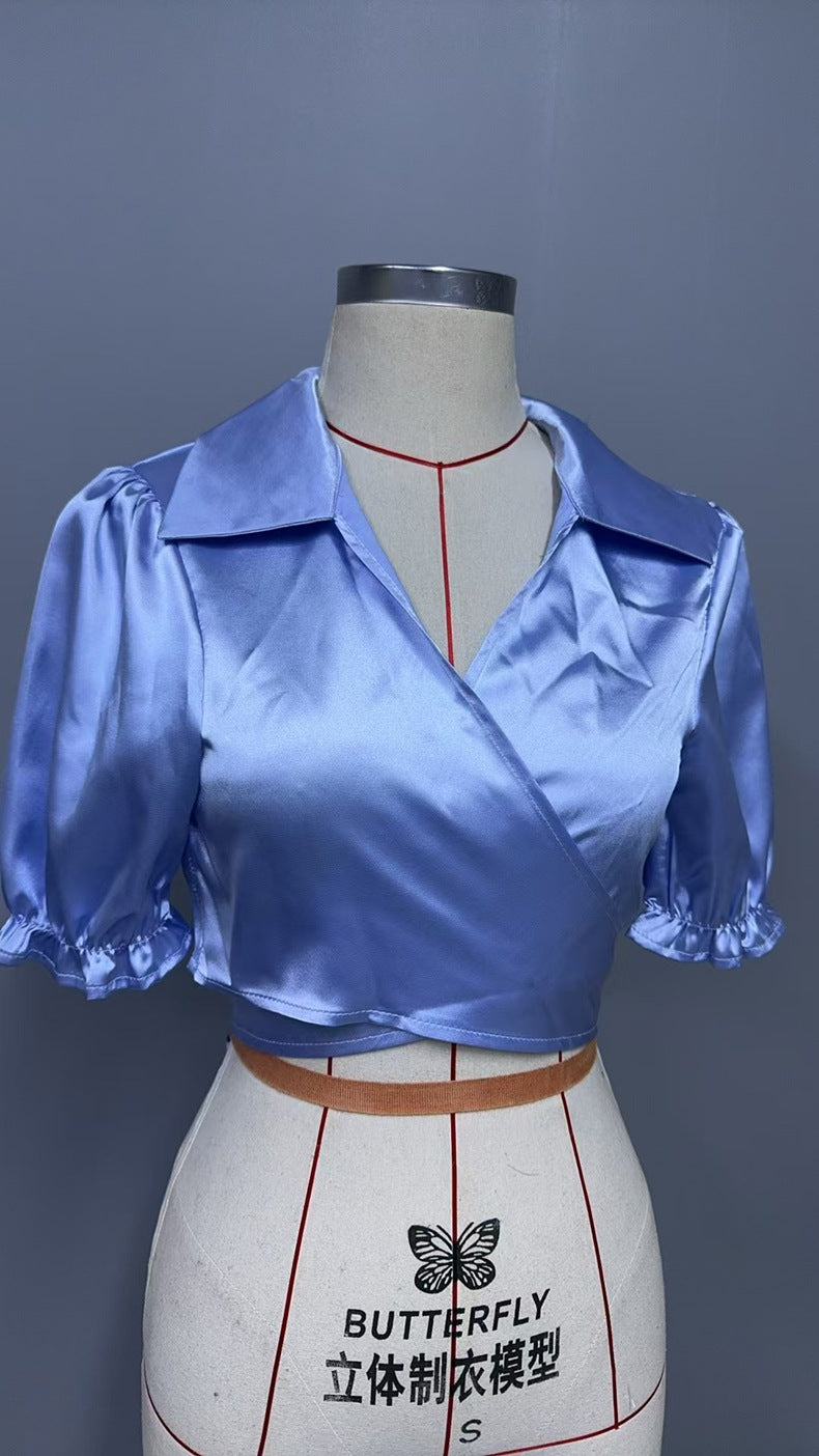 Satin Silk like Puff Sleeve Ultra Short Top Peter Pan Collar Short Sleeve Shirt for Women