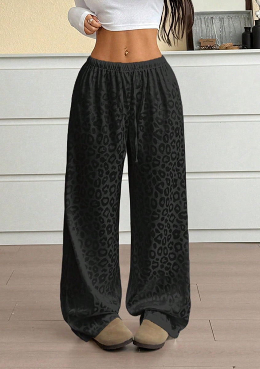 Women Clothing Autumn Satin Casual Pants Drawstring Leopard Print Mop Wide Leg Pants Long Pants