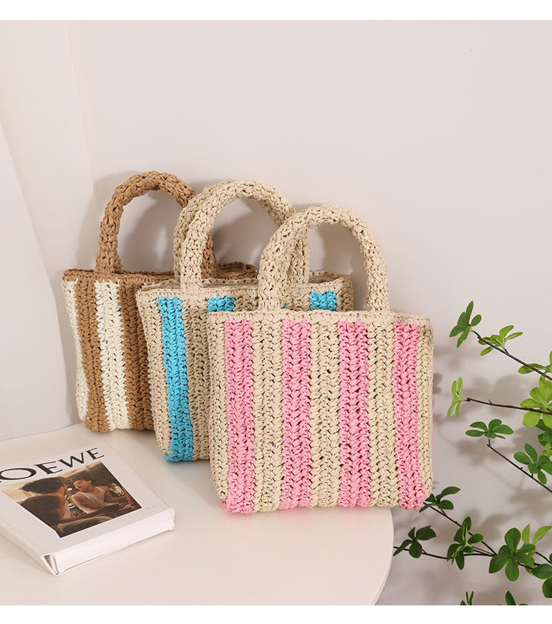 Vertical Stripes French Straw Bag Portable Contrast Color Straw Bag Woven Bag Women's Bag Seaside Vacation Beach Bag