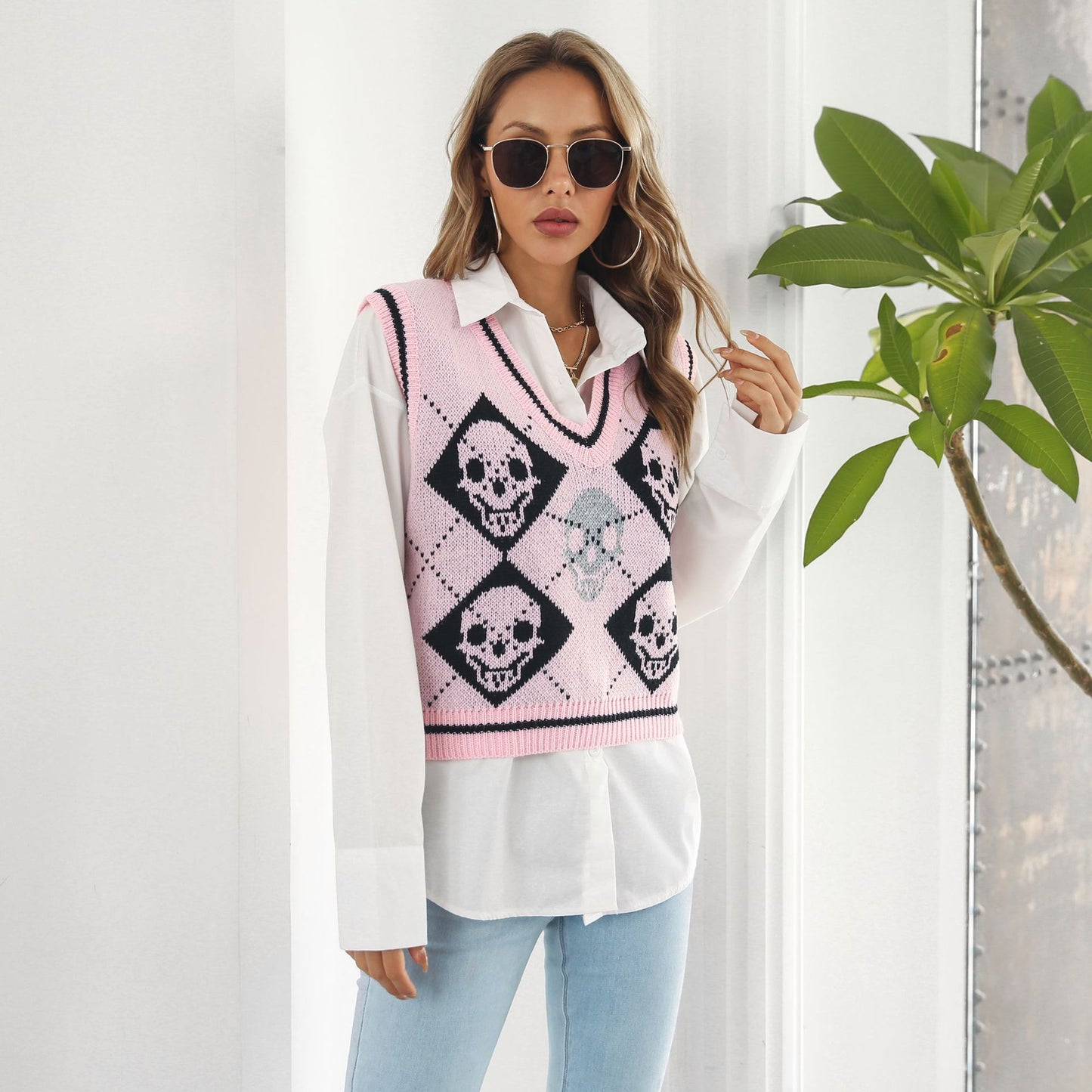 Halloween Skull Jacquard Rhombus Vest Sweater Women Vest Knitwear Autumn Winter