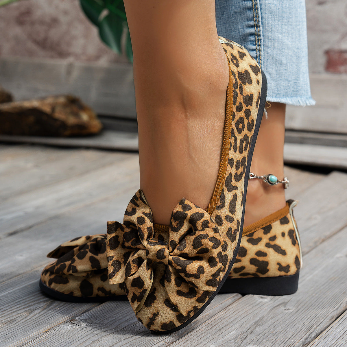Ballet Leopard Print Flat Low Top Shoes Women Bow Low Cut Breathable Four Seasons Work Shoes