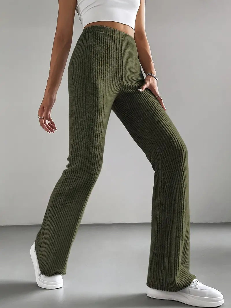 Bell Bottom Pants Women Autumn Solid Color Casual Pants Rib Knitted Fashionable All Match Slim Fit Women Pants