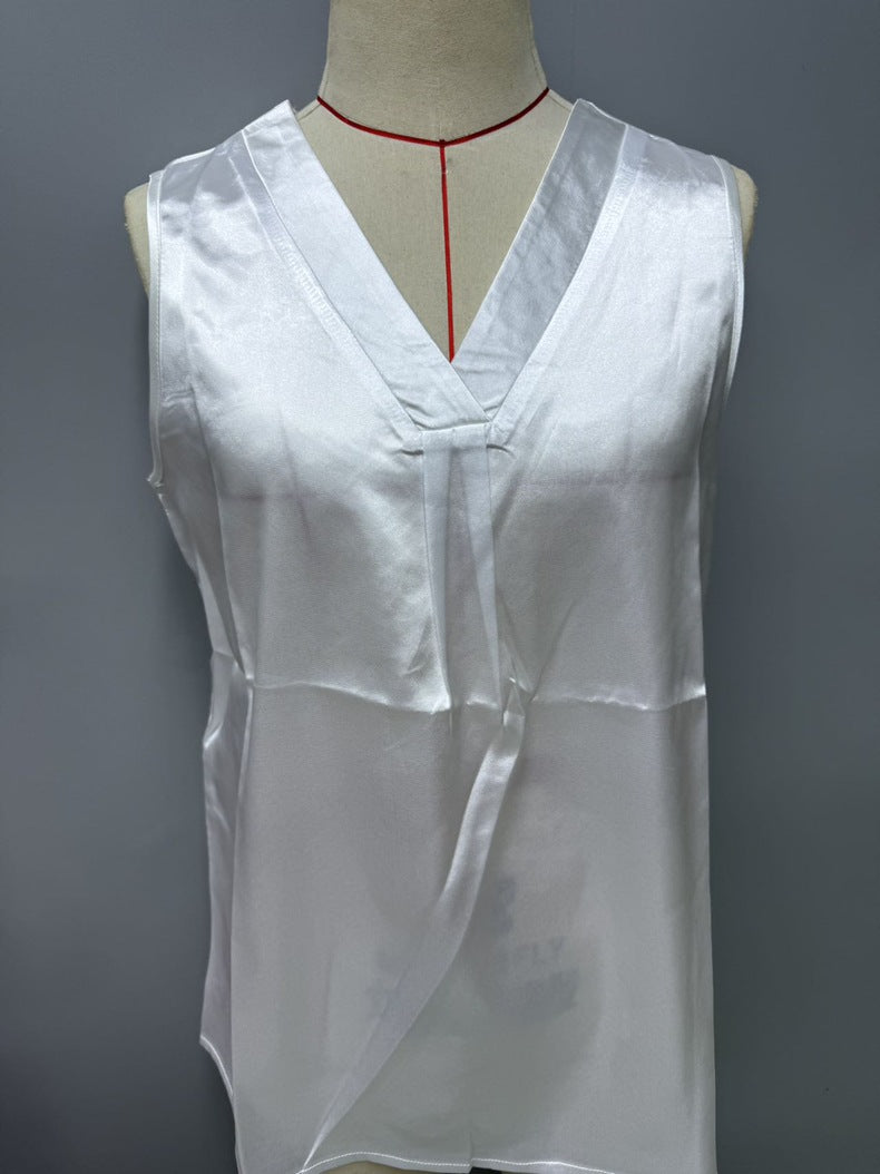 Summer Women Clothing V neck Casual Satin Sleeveless Basic Vest Shirt