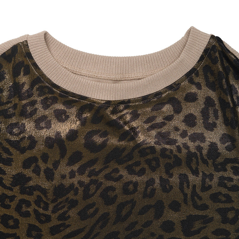 Personality Street Retro Trendy Long Sleeve round Neck Leopard Print Top Women