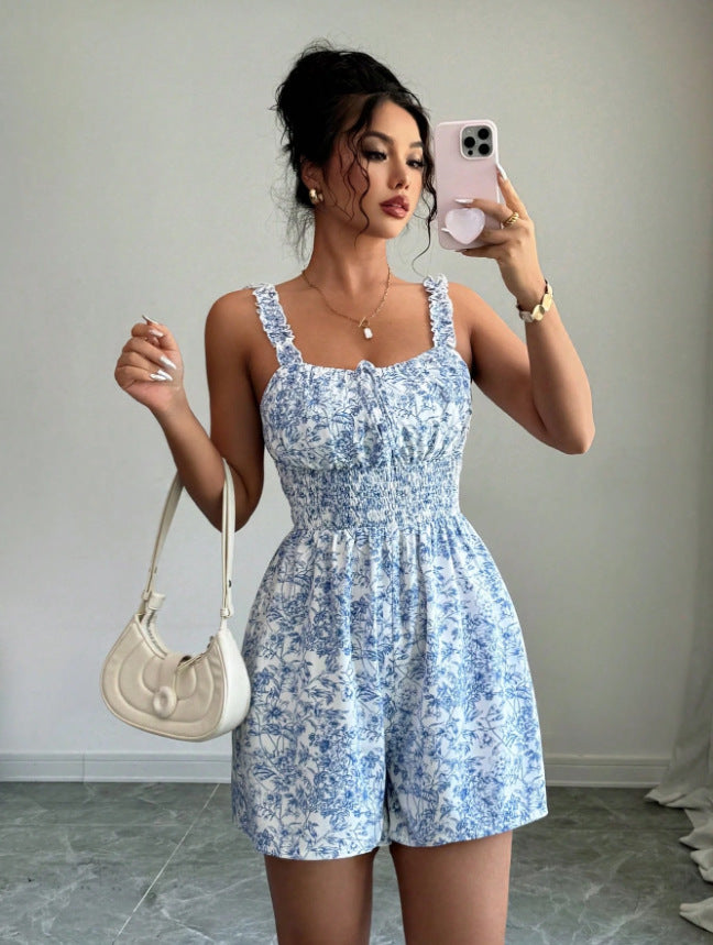 Arrival Floral Jumpsuit Women Summer Waist Slimming Square Collar Shorts Vacation Women Clothing