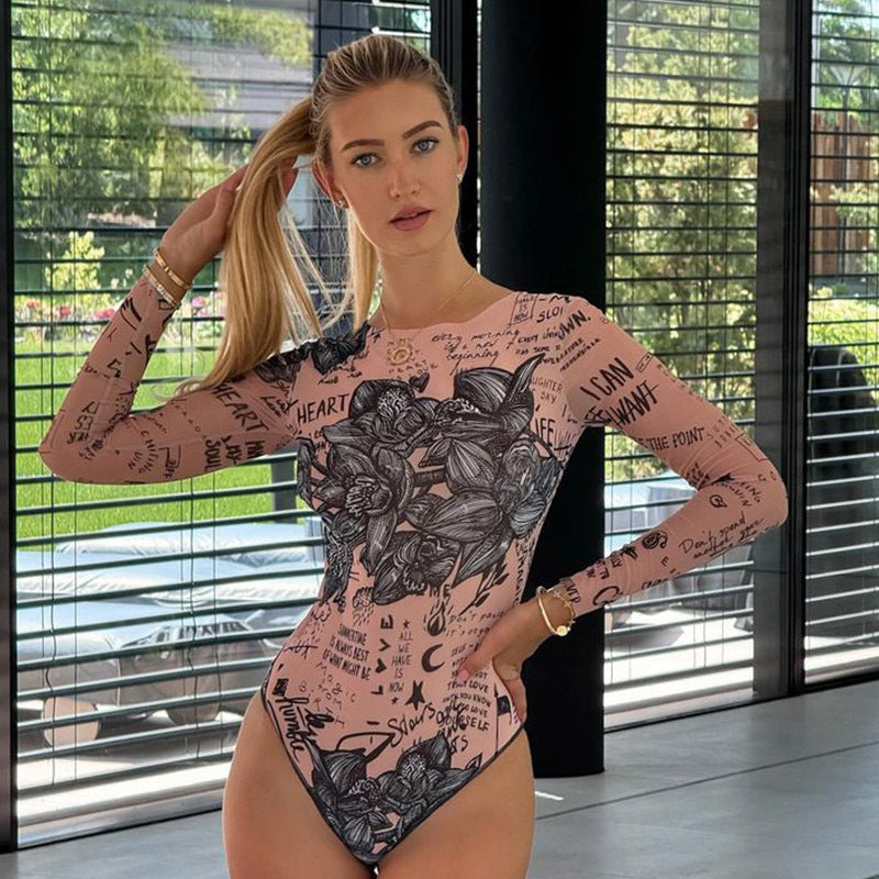Autumn Women Clothing round Neck Long Sleeve Sexy Mesh Floral Print Jumpsuit Slim Fit Sexy Thin Top