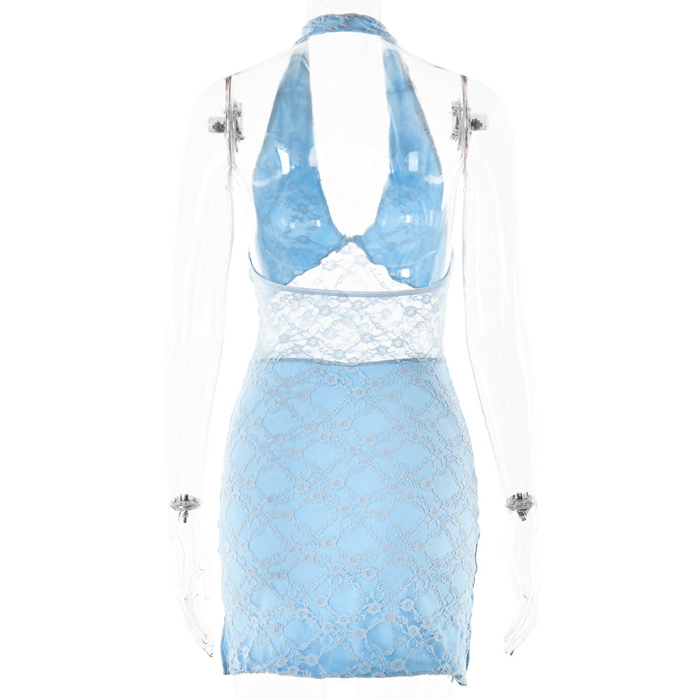 Spring Dress Sexy Trend V neck Halter Lace Stitched Backless Dress