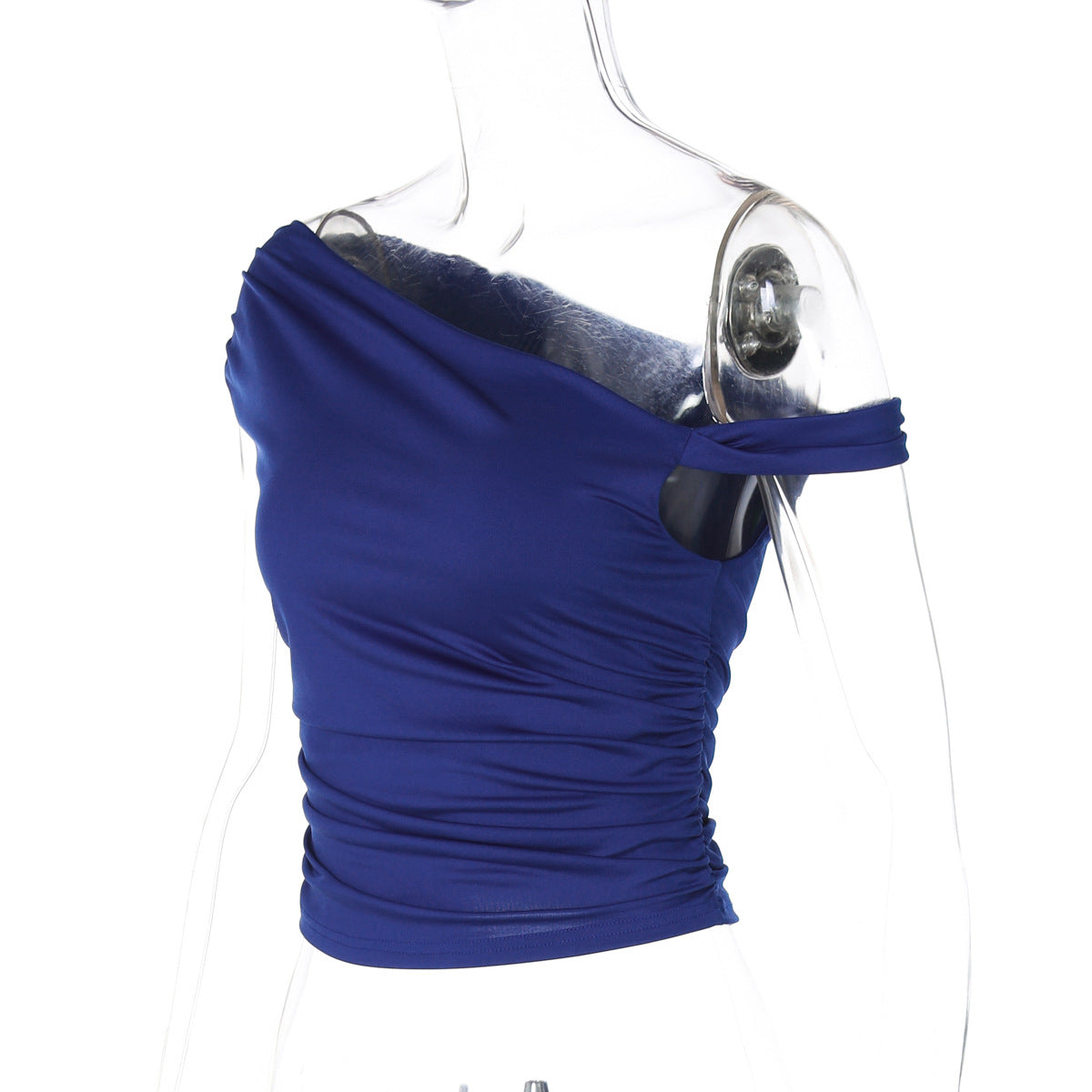 Women Clothing Summer Sexy One Shoulder Cold Shoulder Twist Design Pleated Slim T shirt