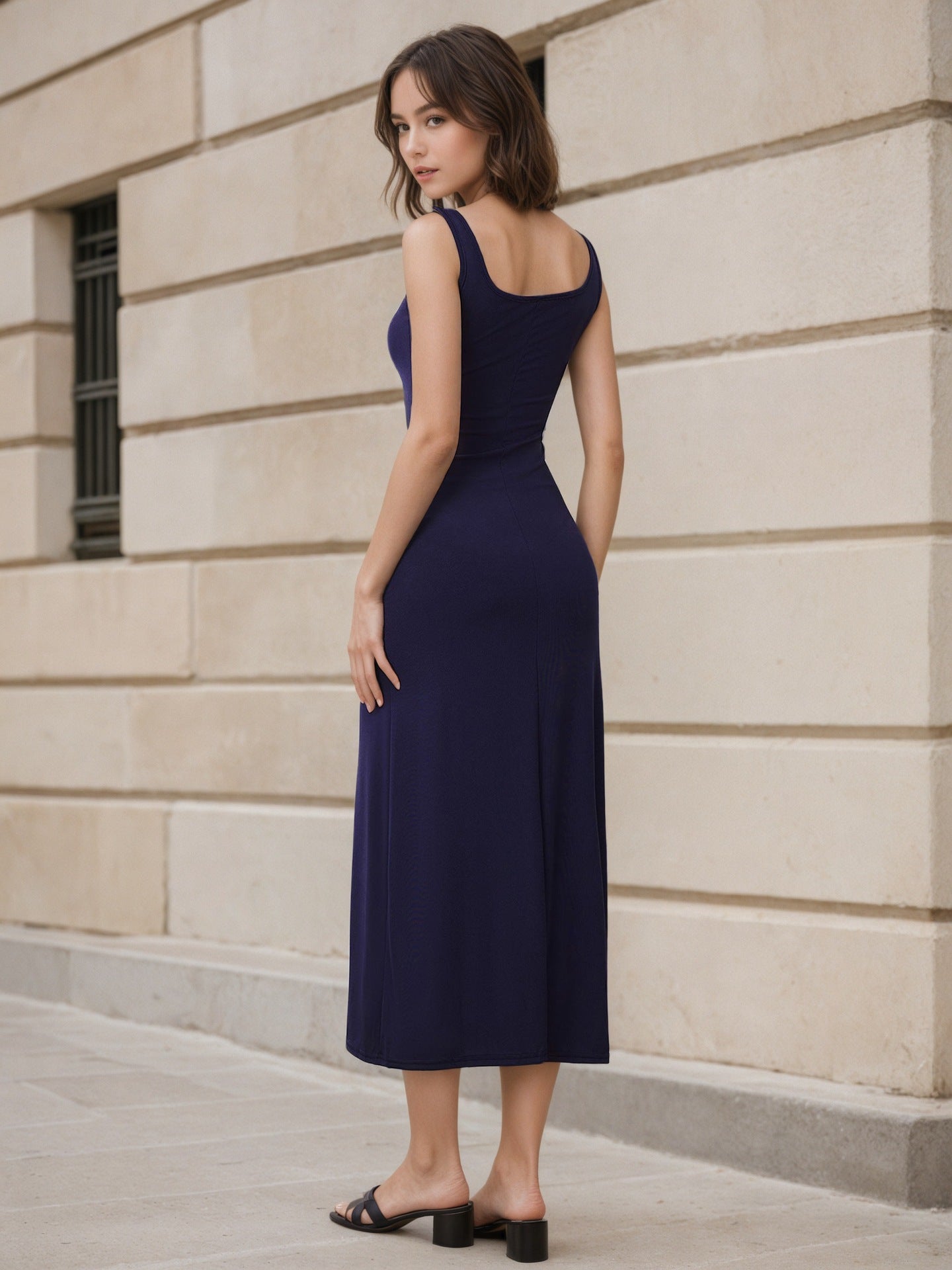 Sleeveless Vest Dress Women Slimming Square Collar Elegant High Grade Summer Sling Long Dress