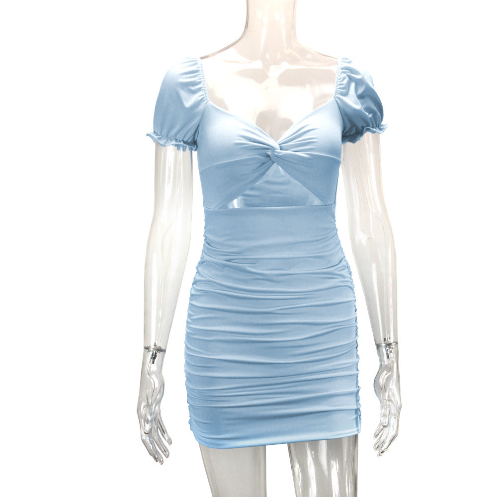 Women Clothing Sexy Hollowed out Pleated Puff Sleeve Sheath Dress