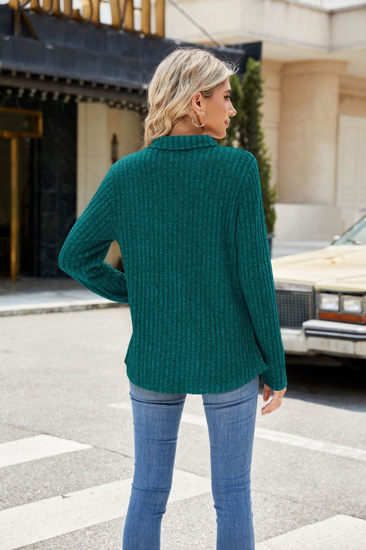 Autumn Winter Solid Color Polo Collar Pocket Long Sleeve Loose Fitting T Shirt Top Women