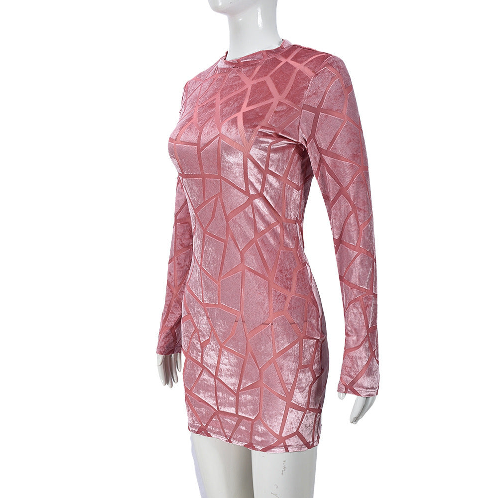 Women Hip Wear round Neck Long Sleeve Flocking Sexy Short Hip Dress