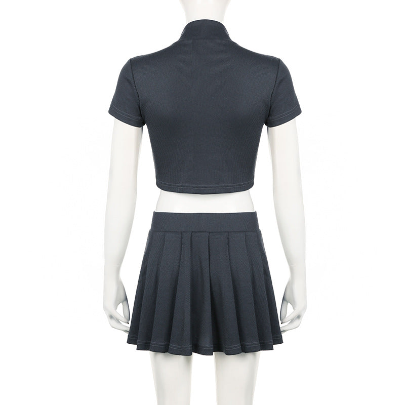 Casual Women Rib Knitted Solid Color Zipper Top Short Sleeve Pleated Skirt Set Short Skirt Two Piece Sets