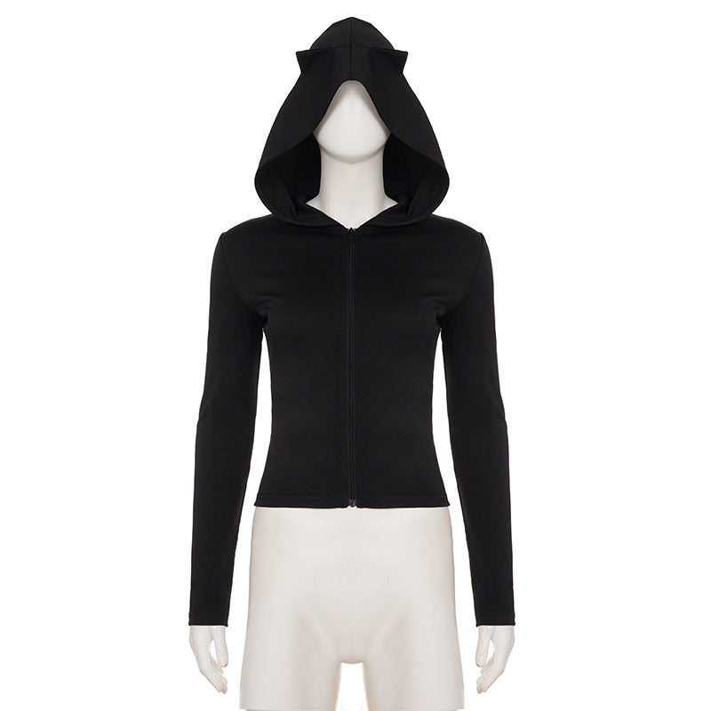 Sexy Little Devil Zipper Hooded Sweater Women Street Solid Color Slim Fit All Match Jacket