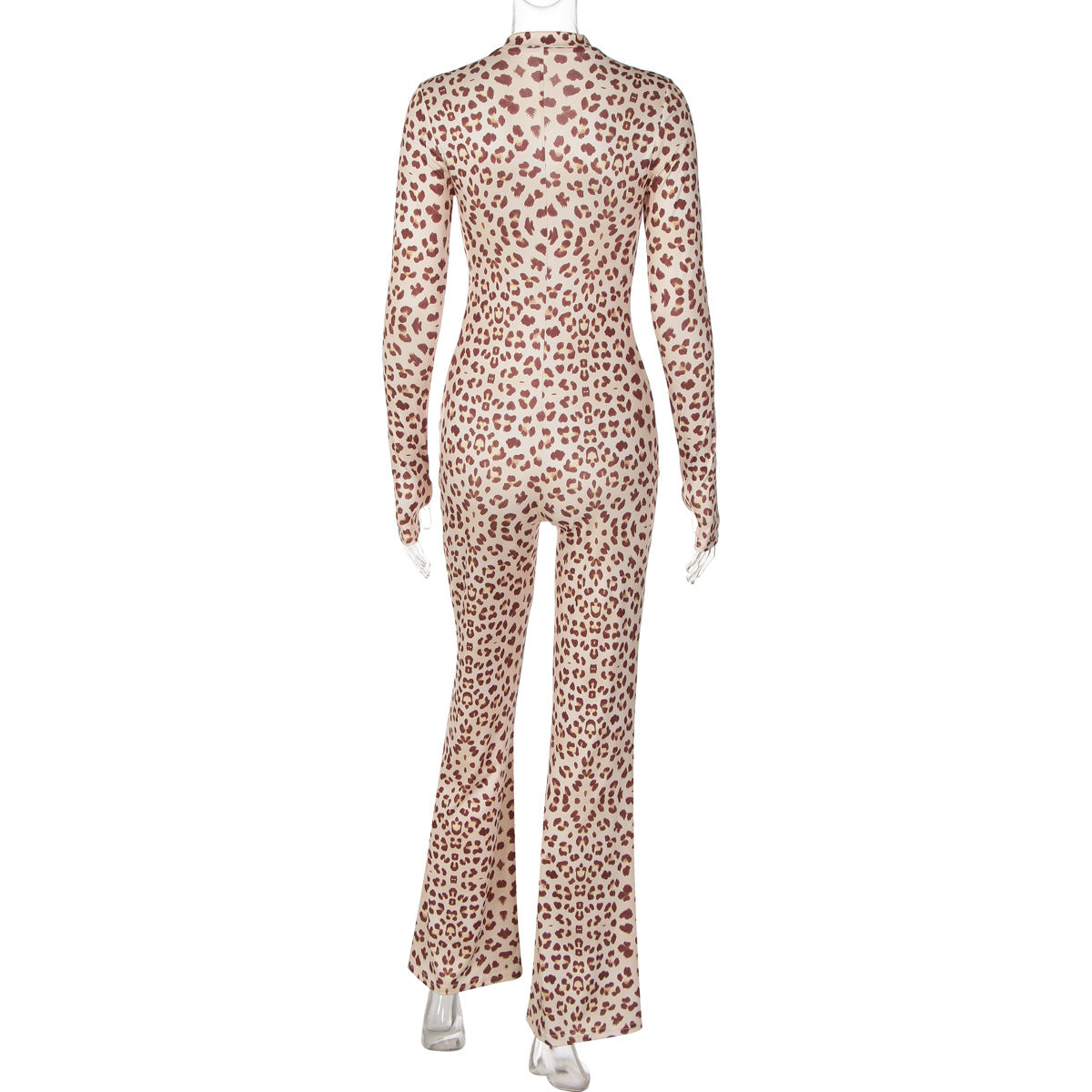 Autumn Winter Women Long Sleeved Leopard Print Flared Pants Zipper Cardigan Slim Fit Bodysuit