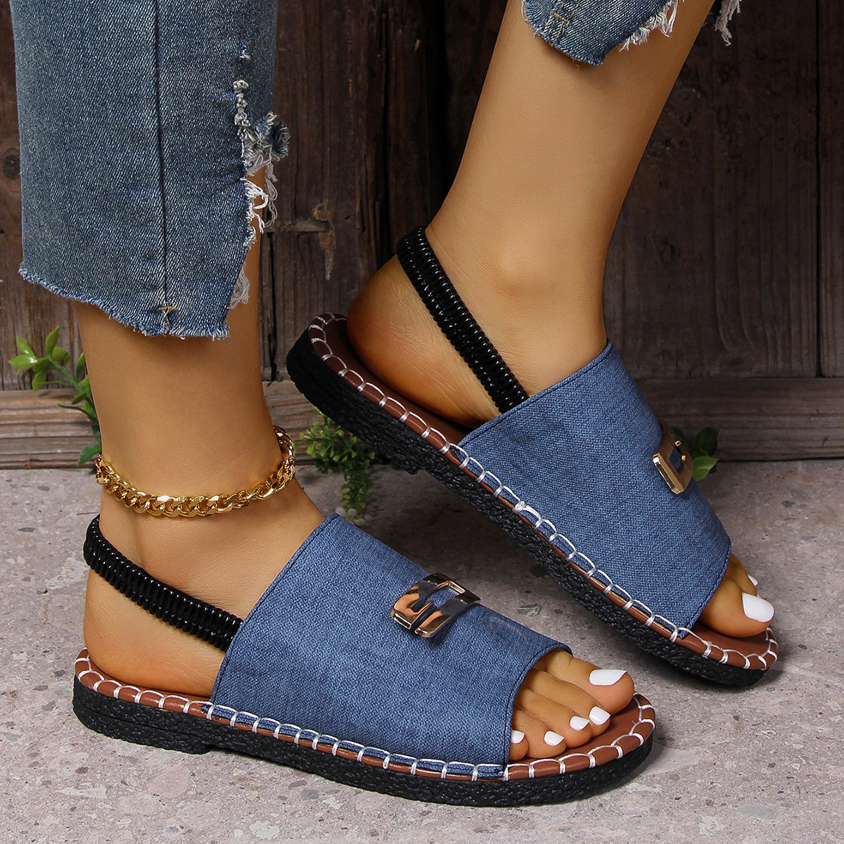 Elastic Band Flat Sandals Women's Cloth Buckle Open Toe Beach Slippers
