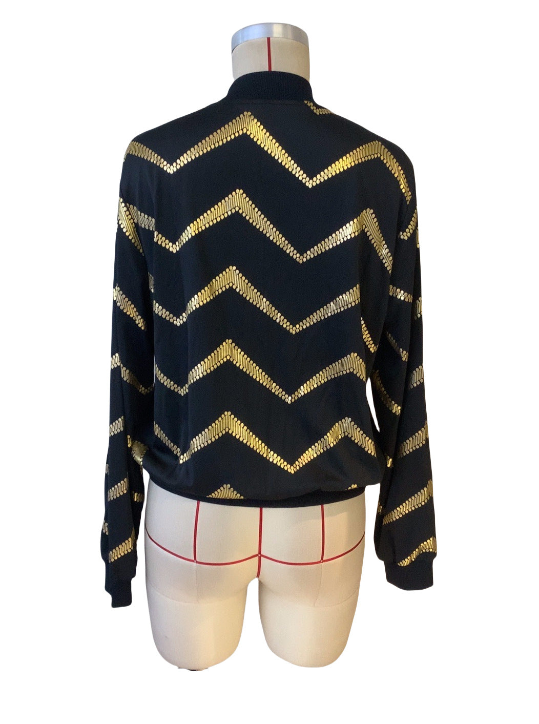 Autumn Winter Women Zigzag Bronzing Printed Zip Placket Bomber Jacket Coat