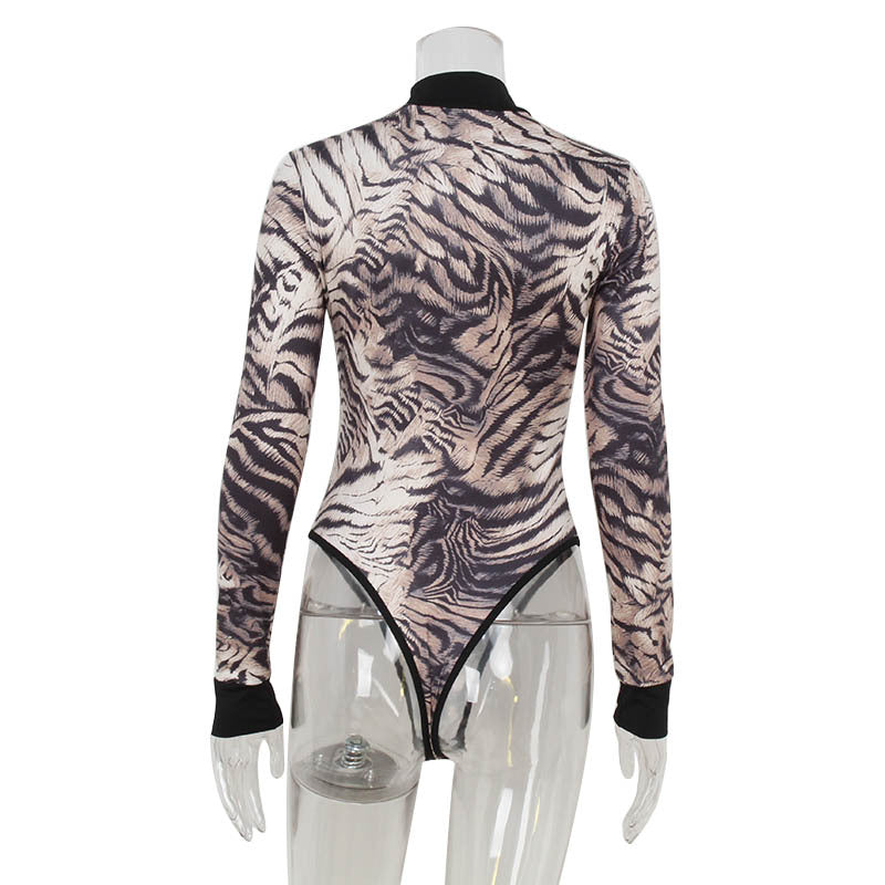 Autumn Winter Zebra Print Half High Collar Long Sleeves Jumpsuit Tight Bottoming Shirt Women
