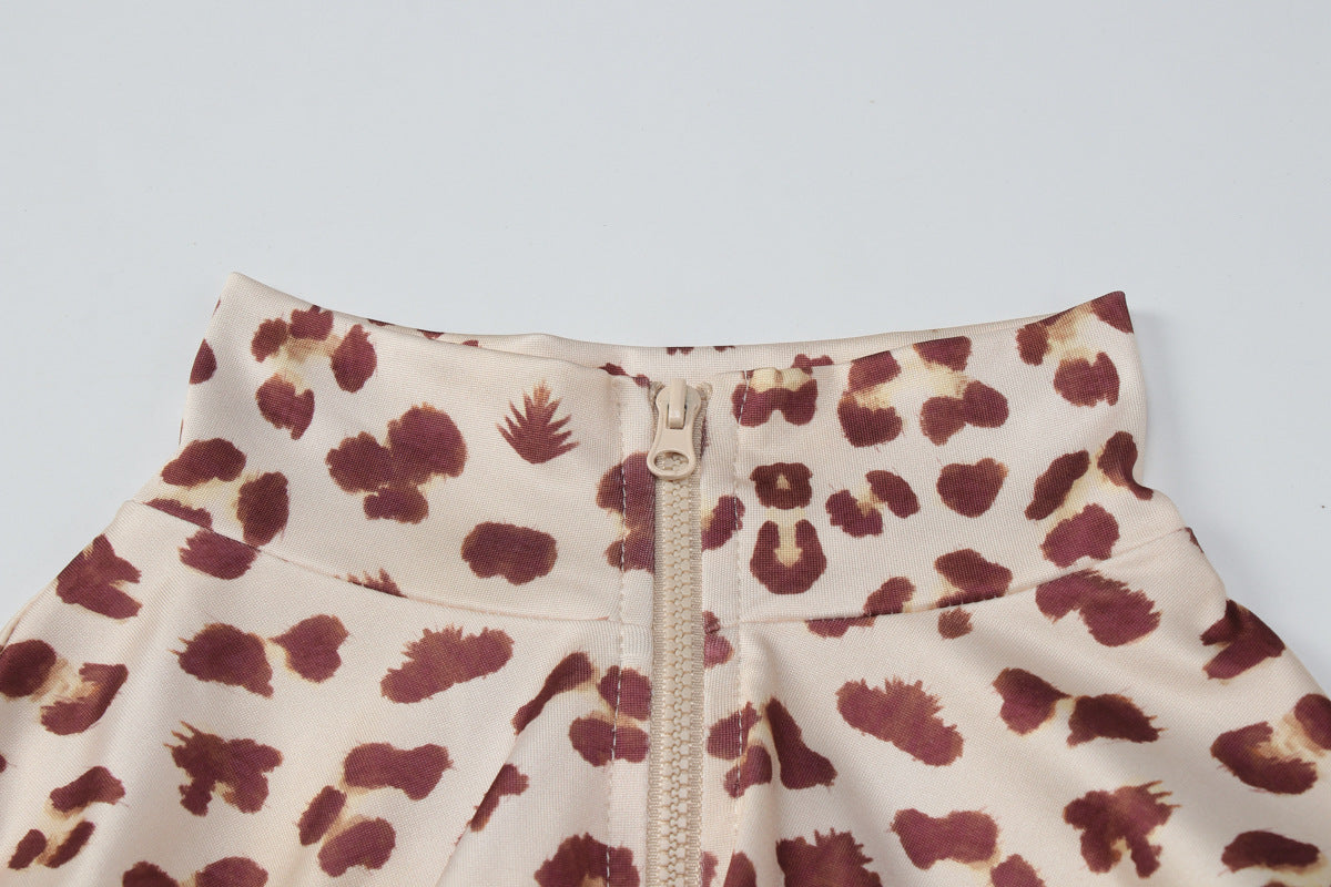 Autumn Winter Women Long Sleeved Leopard Print Flared Pants Zipper Cardigan Slim Fit Bodysuit