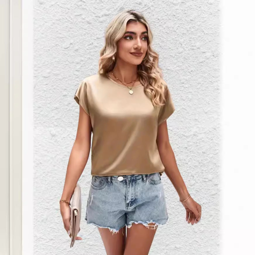 Summer Women Solid Color Casual Top Batwing Sleeve Satin round Neck Artificial Silk Women
