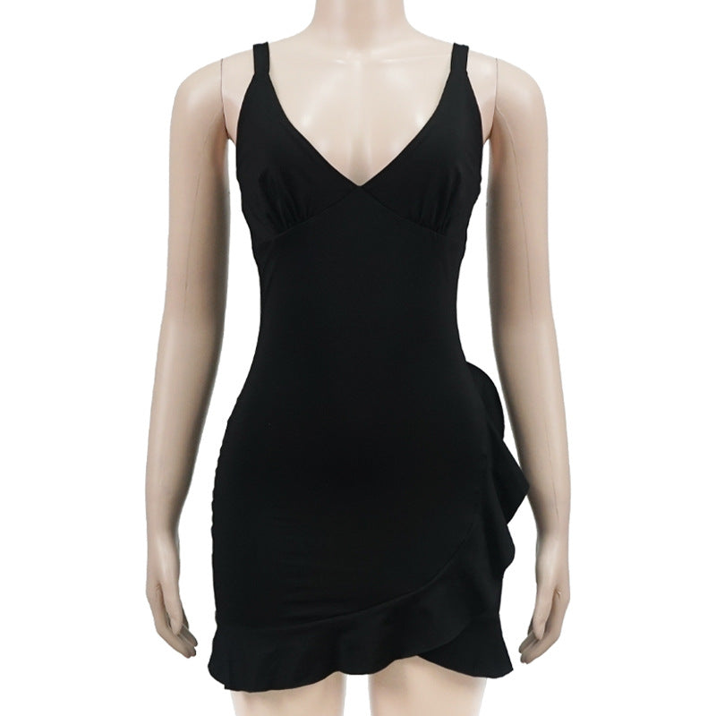 Strap V neck Corset Sleeveless Backless Slim Fit Waist Trimming Ruffles Dress