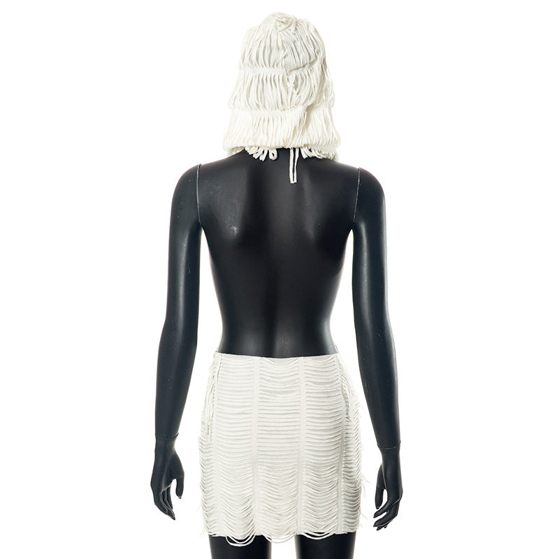 Women Summer Solid Color Casual Sleeveless Hooded Tassel Slim Short Dress