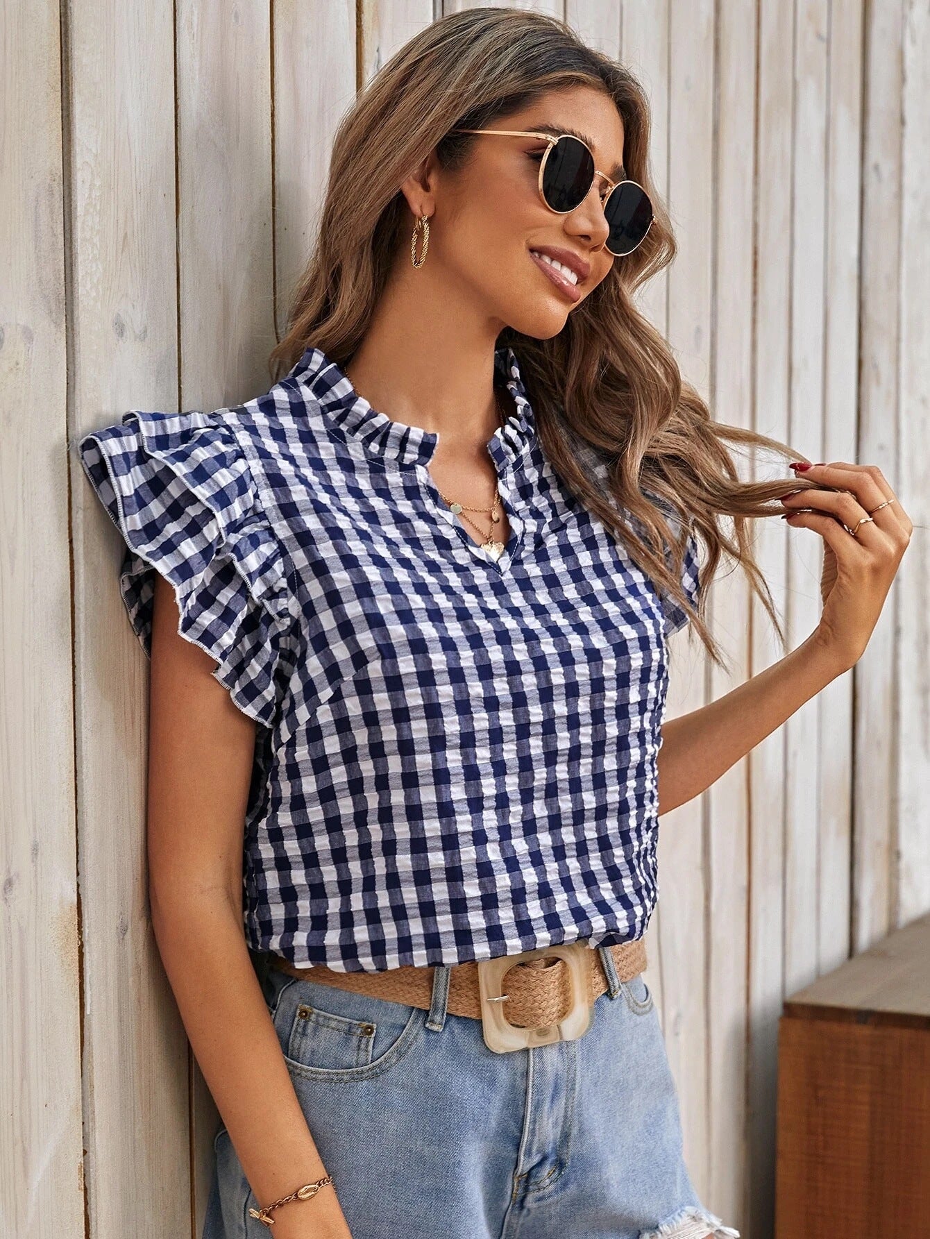 Summer Top Double Layer Ruffled Sweet Cute Women Clothing Plaid Short Sleeve