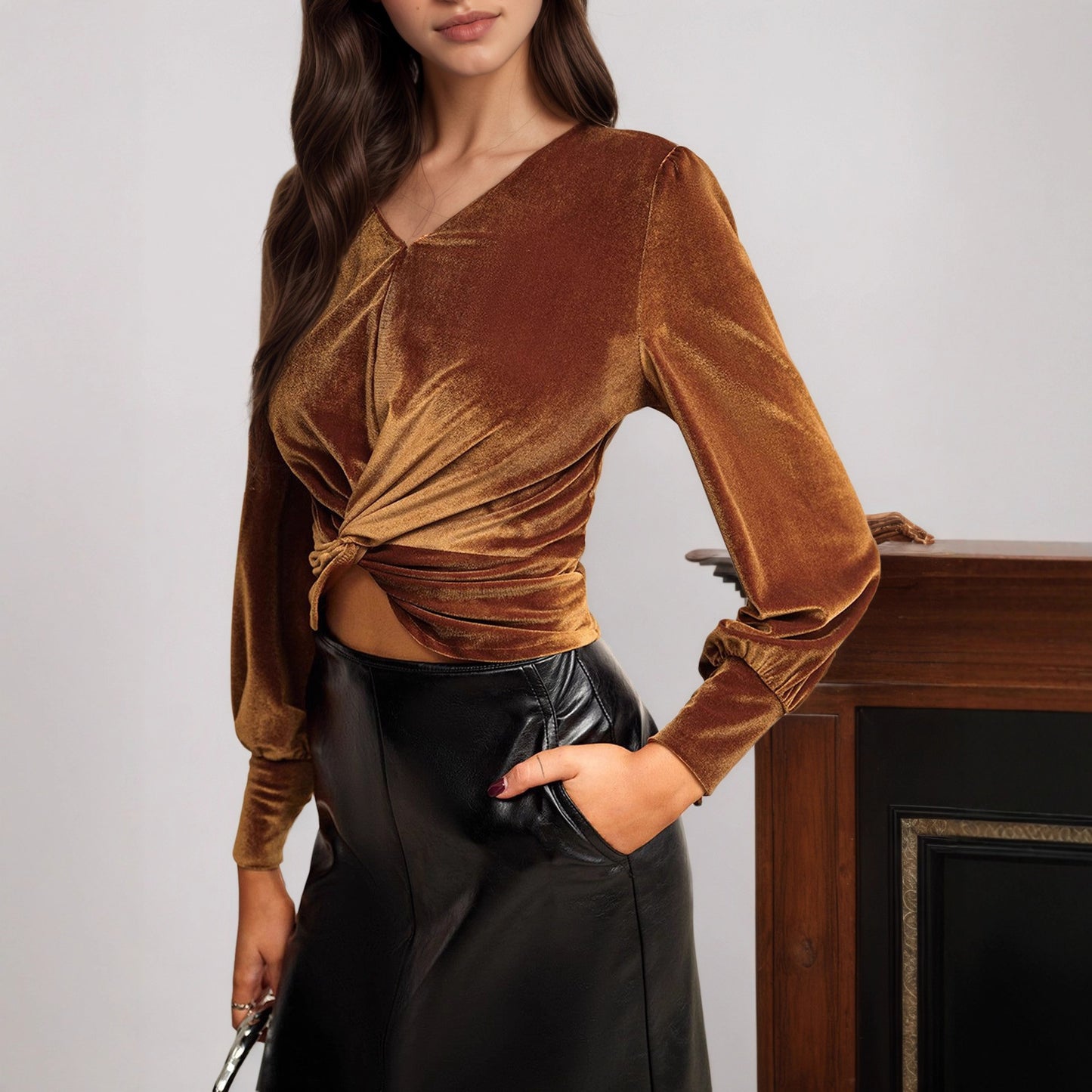 Autumn High Grade Velvet French Chic Waist Twist Design Tight Waist Long Sleeved Shirt Top