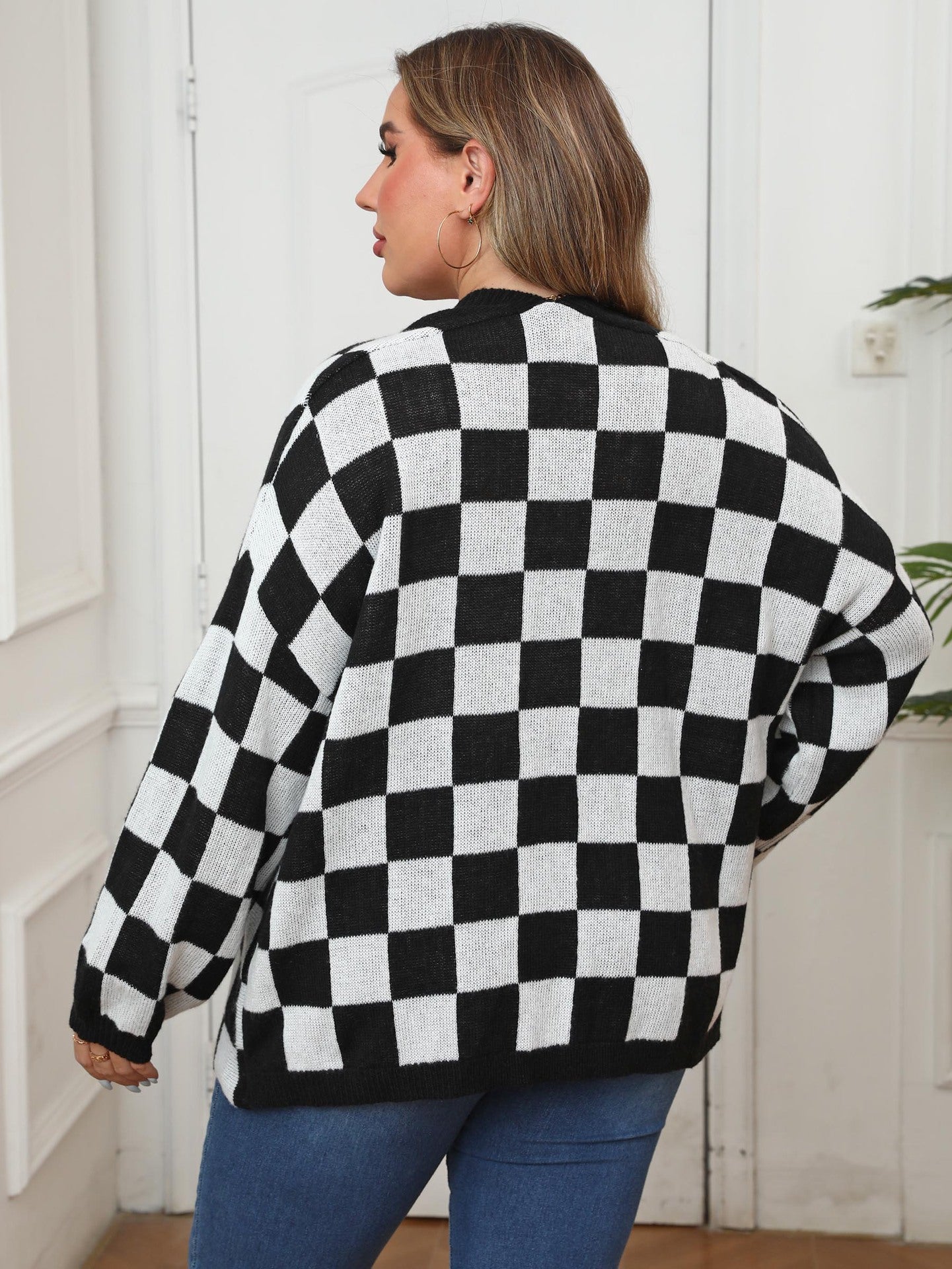 Plus Size Women Cardigan Color Contrast Patchwork Chessboard Plaid Loose Casual Sweater Coat