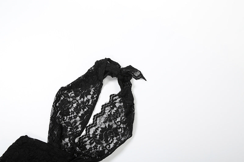Autumn Winter Women Sexy Lace Halter Backless Ribbon High Waist Jumpsuit
