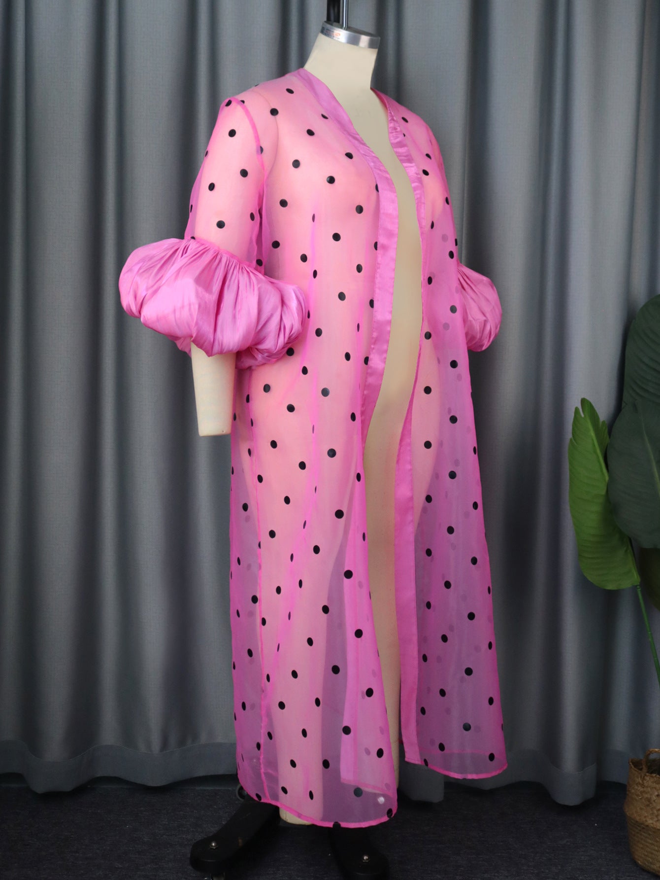 Summer Casual Breathable Tulle Coat Polka Dot Puff Sleeve See through Women Chiffon