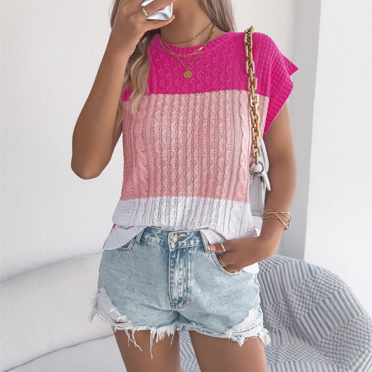 Women Clothing Spring Summer Color Matching Twist Casual Loose Batwing Sleeve Knitwear Holiday Top