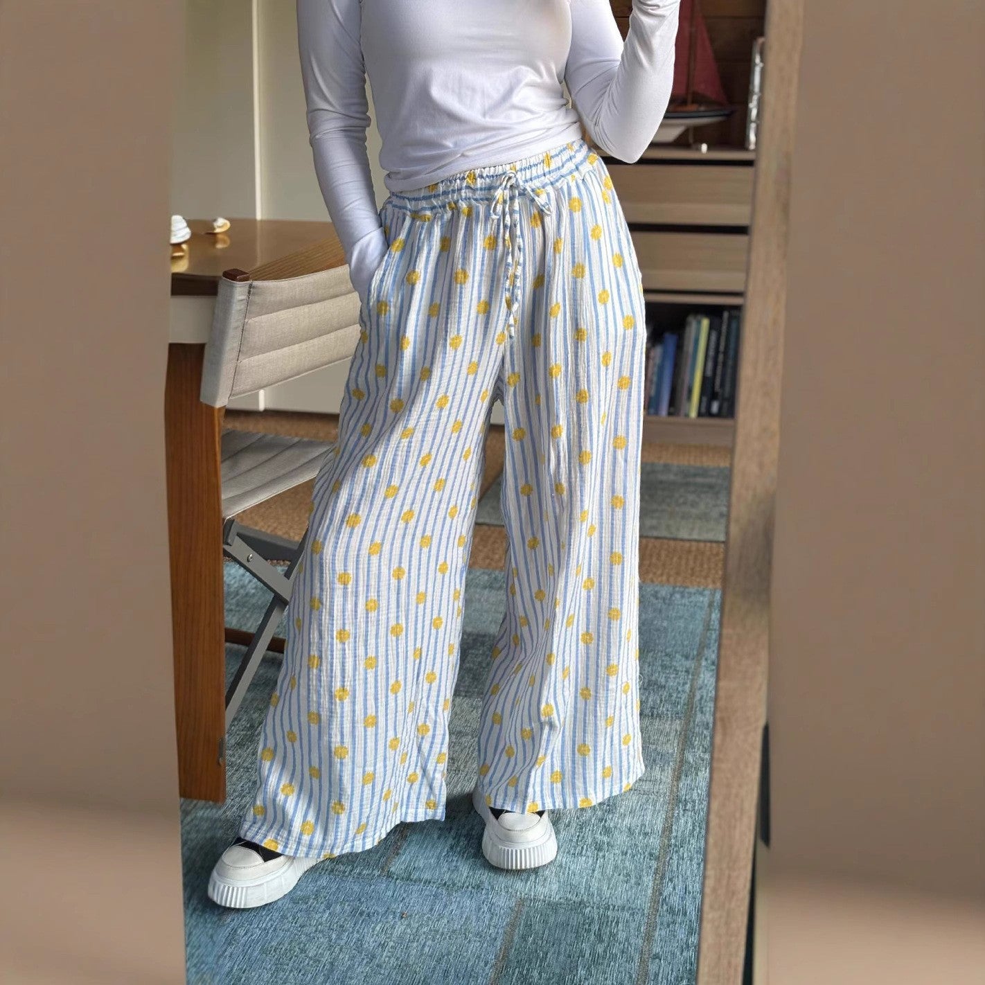 Thin Striped Printed Women Casual Pants Summer Drawstring Straight Loose Wide Leg Mop Pants