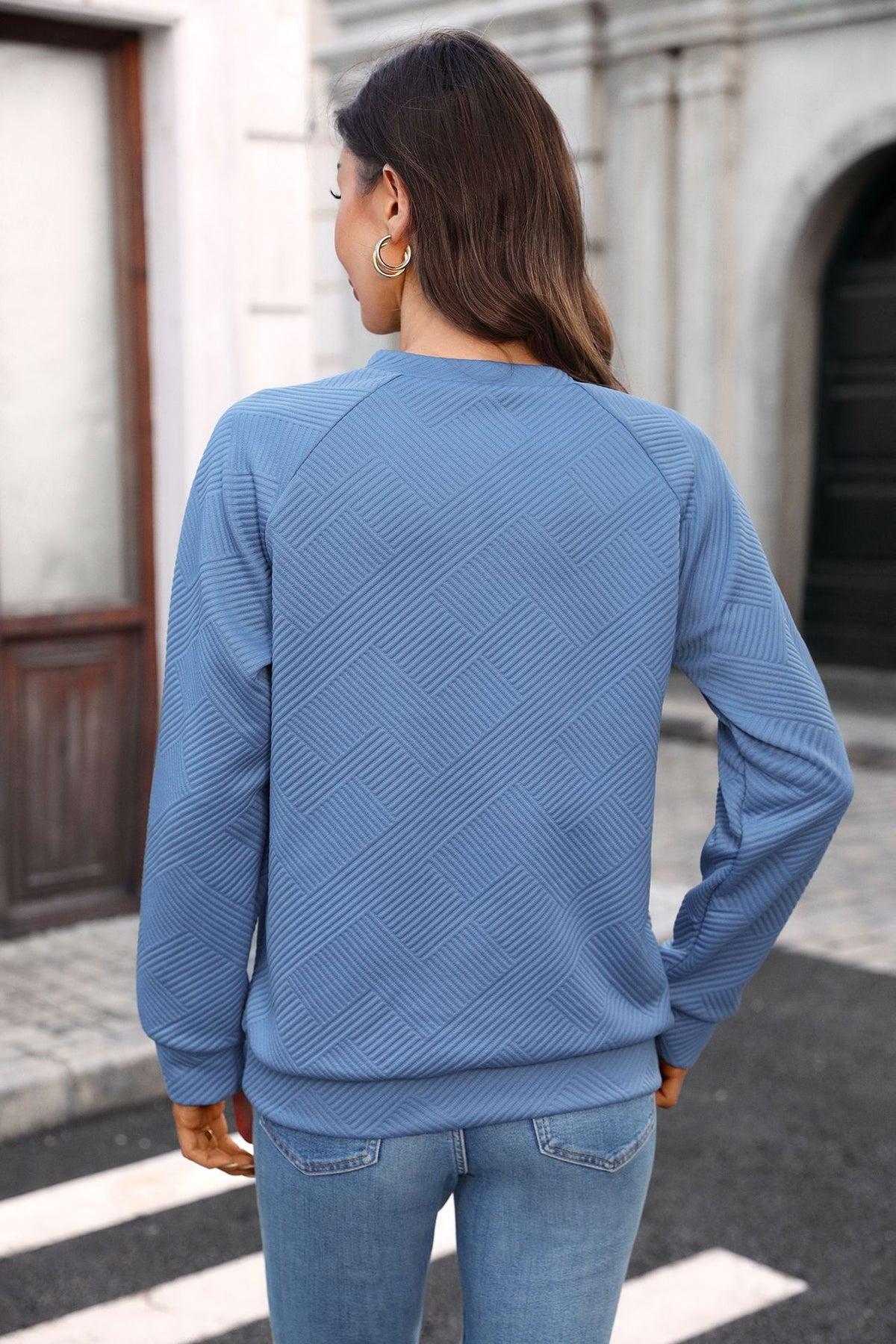 Autumn Winter Solid Color V neck Loose Long Sleeve Sweatershirt Plaid Top Women
